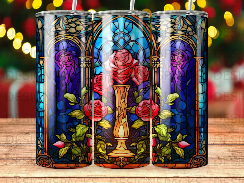 Stained glass design featuring roses in a vase, framed by ornate patterns.