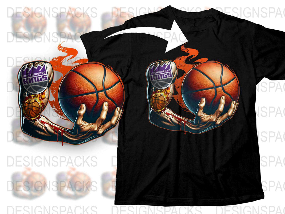 Sacramento Kings Fiery Basketball Graphic T-Shirt, Cool Sports Tee, Men's Fashion, Vibrant Orange Black Shirt