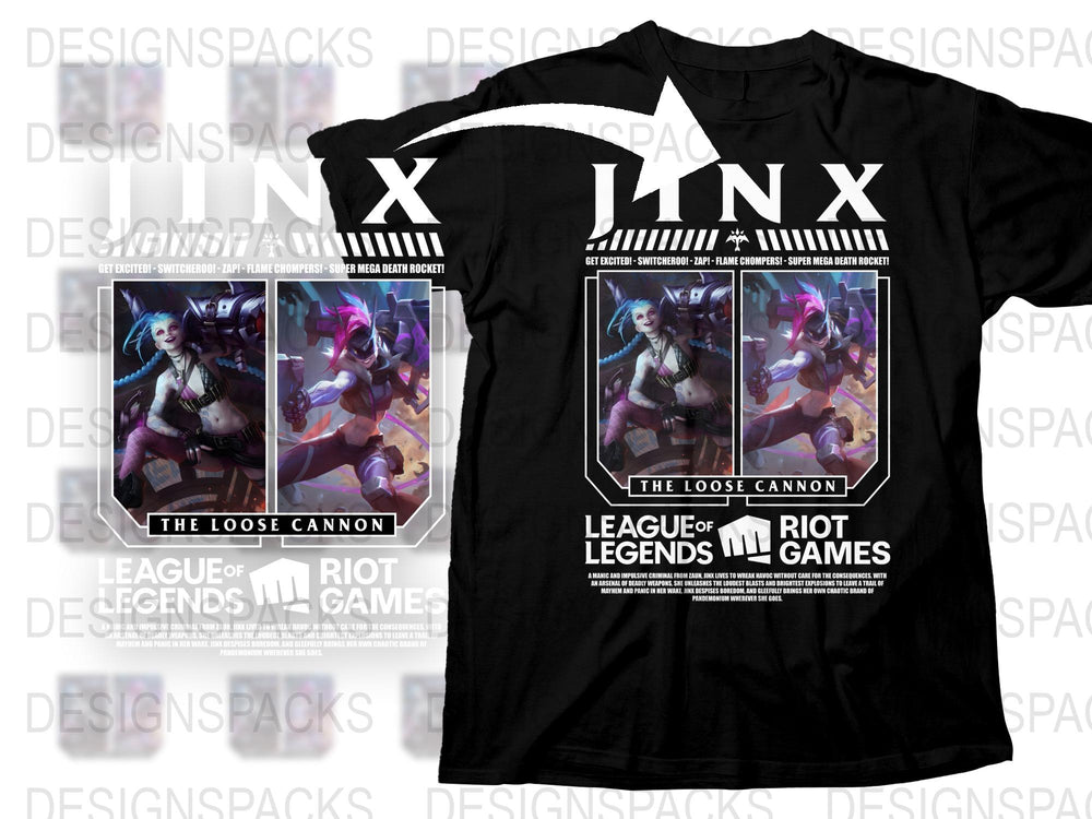 League of Legends Jinx T-Shirt, Gaming Tee, Riot Games Merch, Black Unisex Cotton Shirt