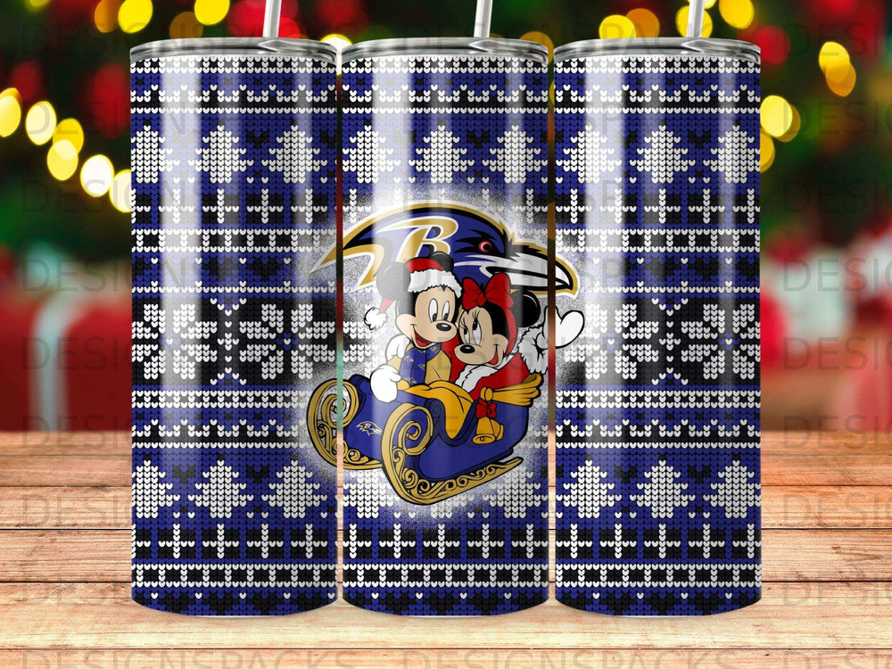Mickey and Minnie Mouse in a sleigh on a blue snowflake pattern background.