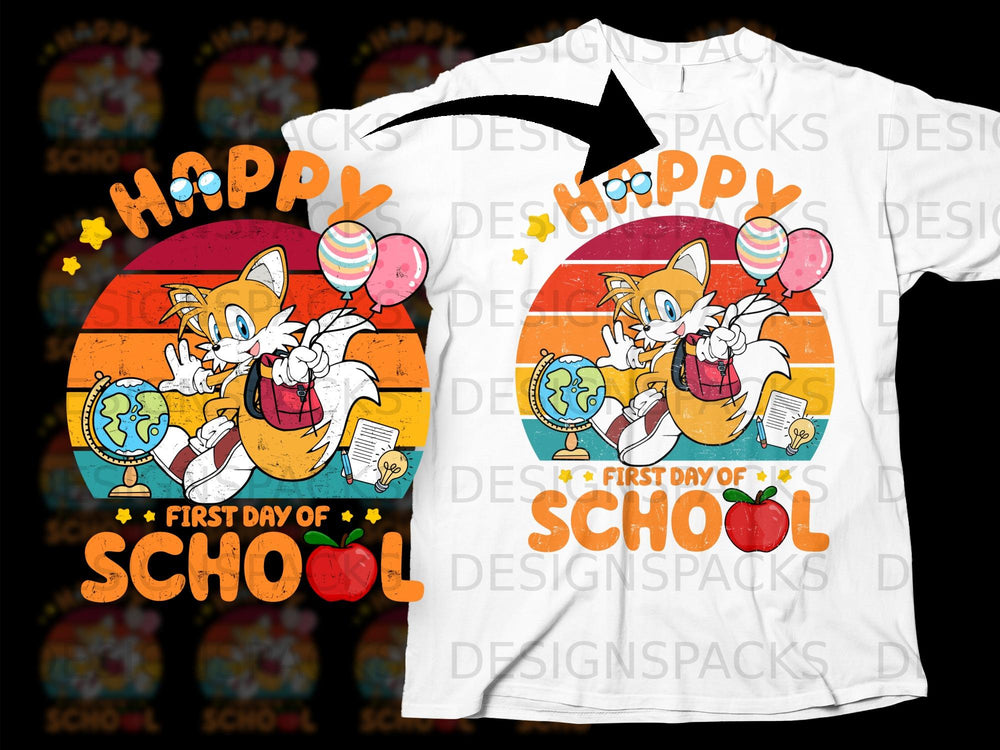 Tails the fox with globe, balloons, and books, "Happy First Day of School".