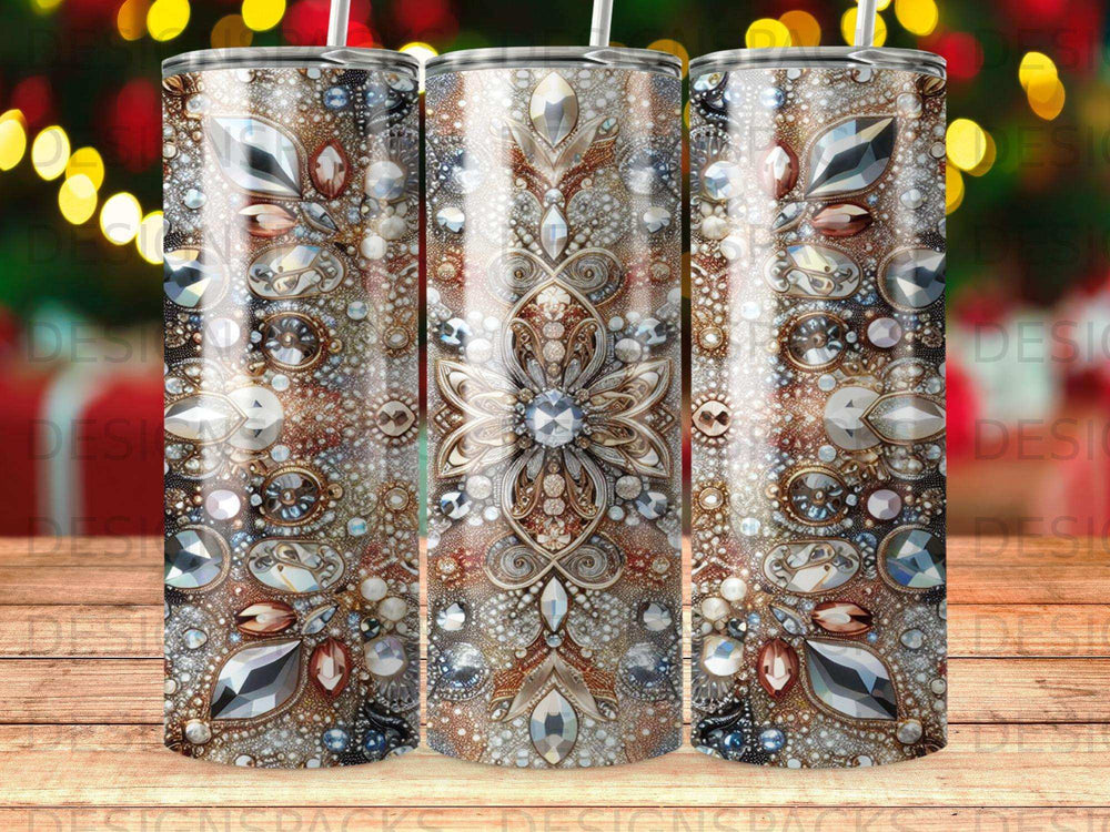 Tumbler with ornate, gem-encrusted floral and paisley pattern.
