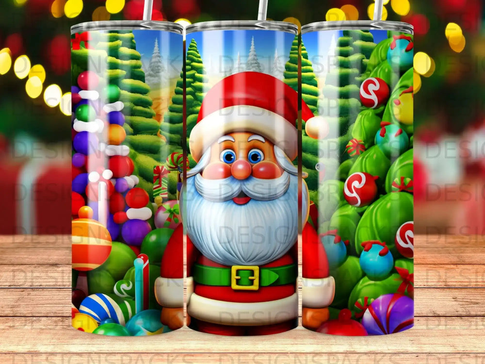 Santa Claus with presents and Christmas tree on tumbler design.