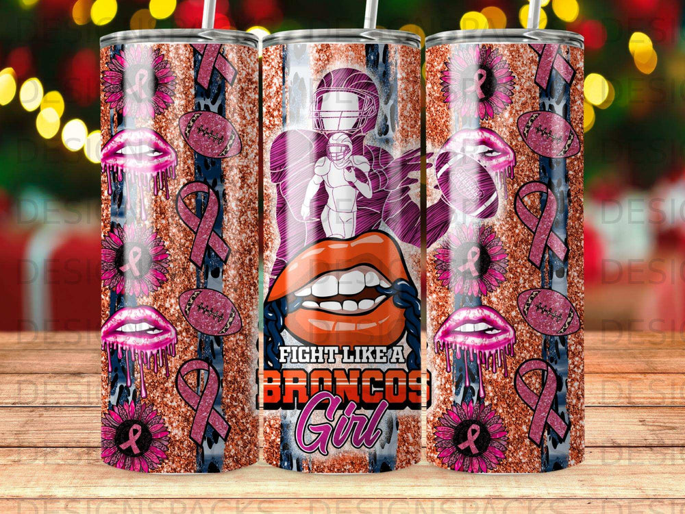 Glittery tumbler with football, lips, and breast cancer ribbons, featuring "Fight Like A Girl" text.