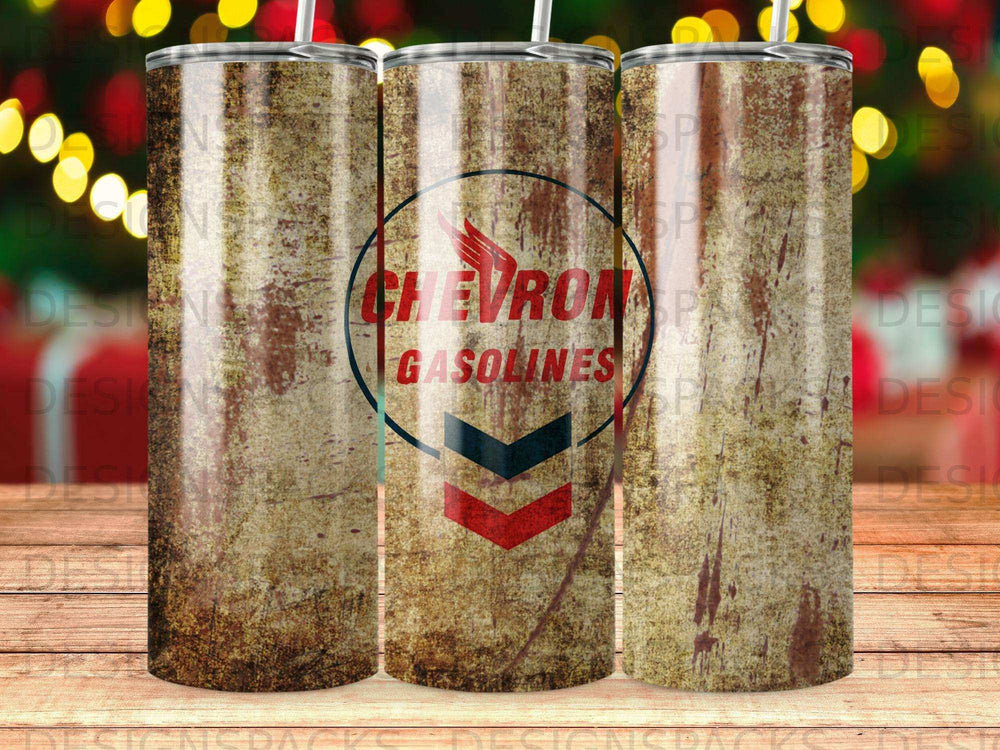Chevron gasolines tumbler with vintage logo and distressed wood texture.
