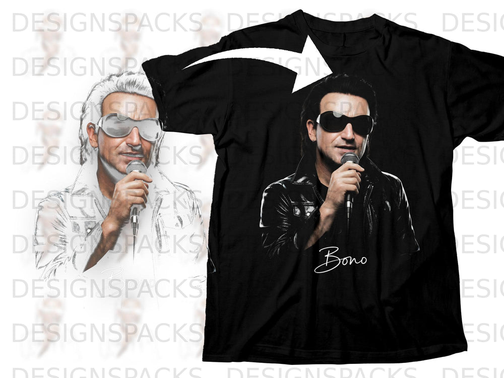 Black t-shirt with a graphic of Bono singing into a microphone and "Bono" text.