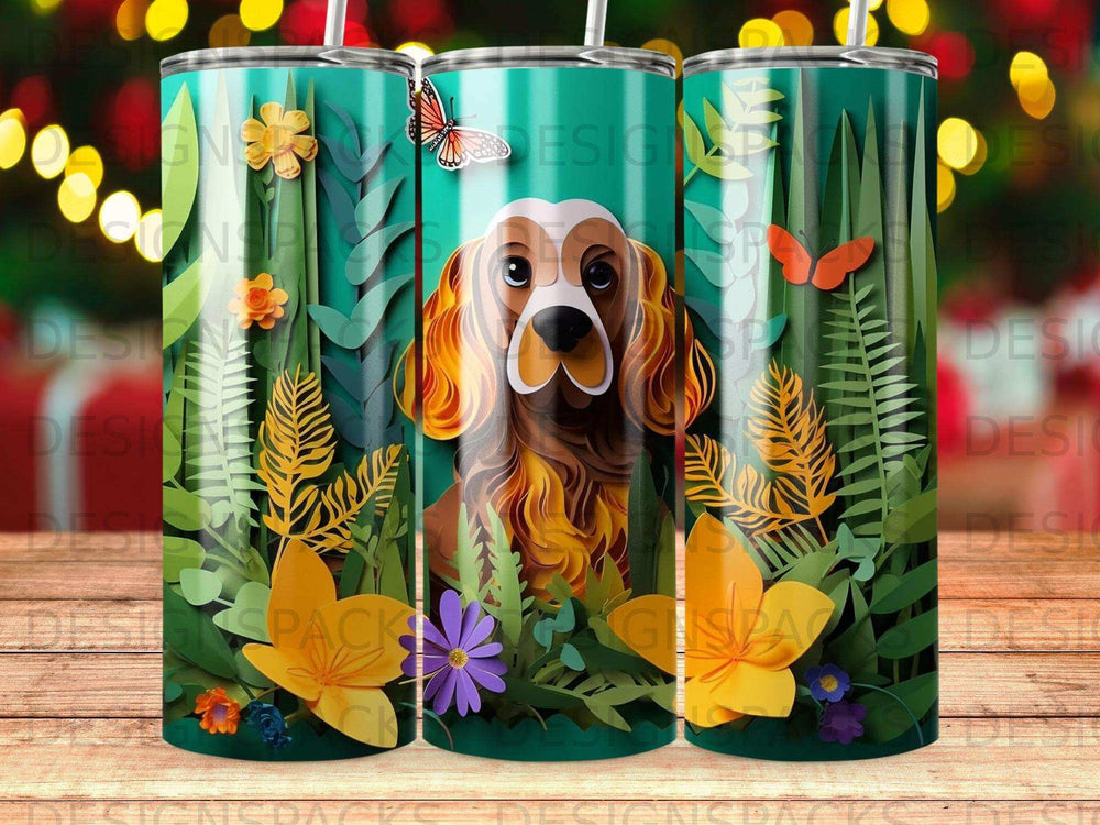 Three tumblers featuring a dog illustration surrounded by colorful plants and butterflies.