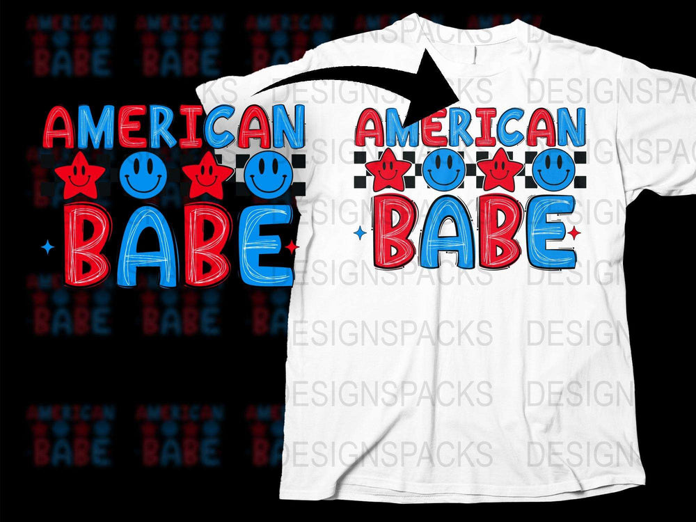 American Babe Patriotic T-Shirt, Red Blue Smiley Face, 4th of July Tee, Unisex Adults Fashion