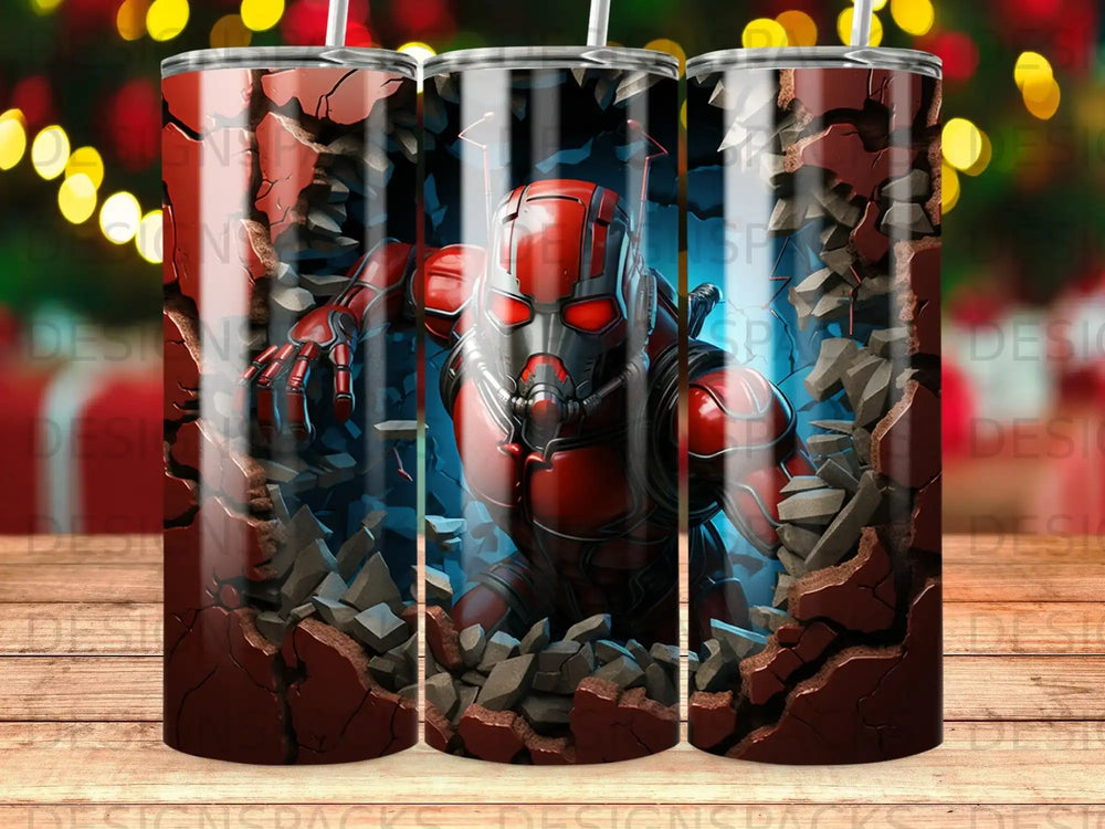 Ant-Man emerging from a cracked brick wall with a blue glow.