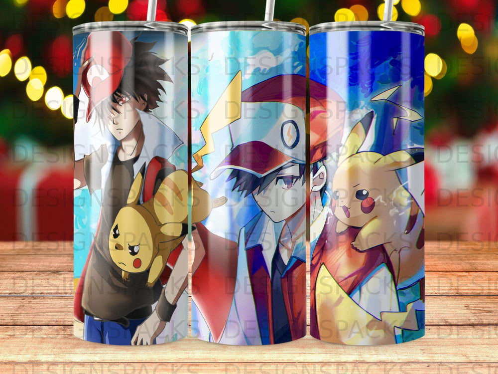 Red and Pikachu from Pokémon on a blue and yellow striped tumbler.