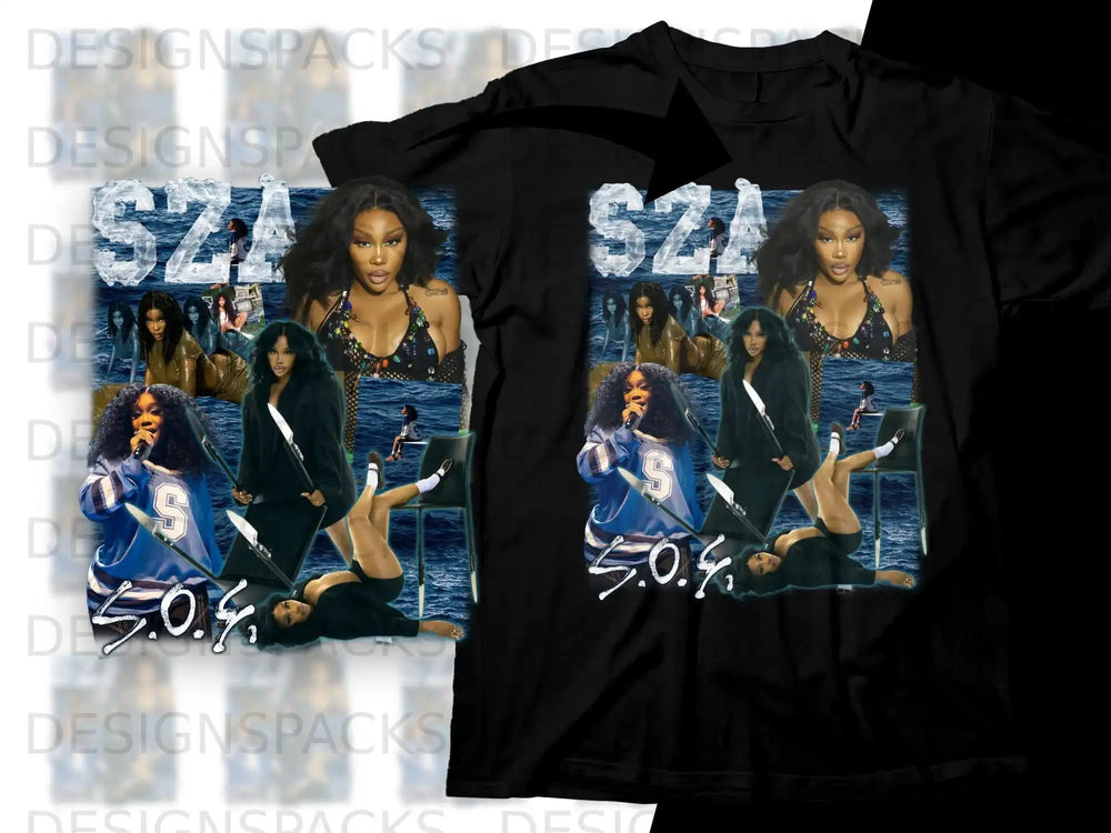 SZA SOS album cover art and logo on a black t-shirt.