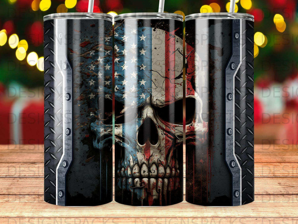 Distressed American flag skull tumbler with diamond plate texture.