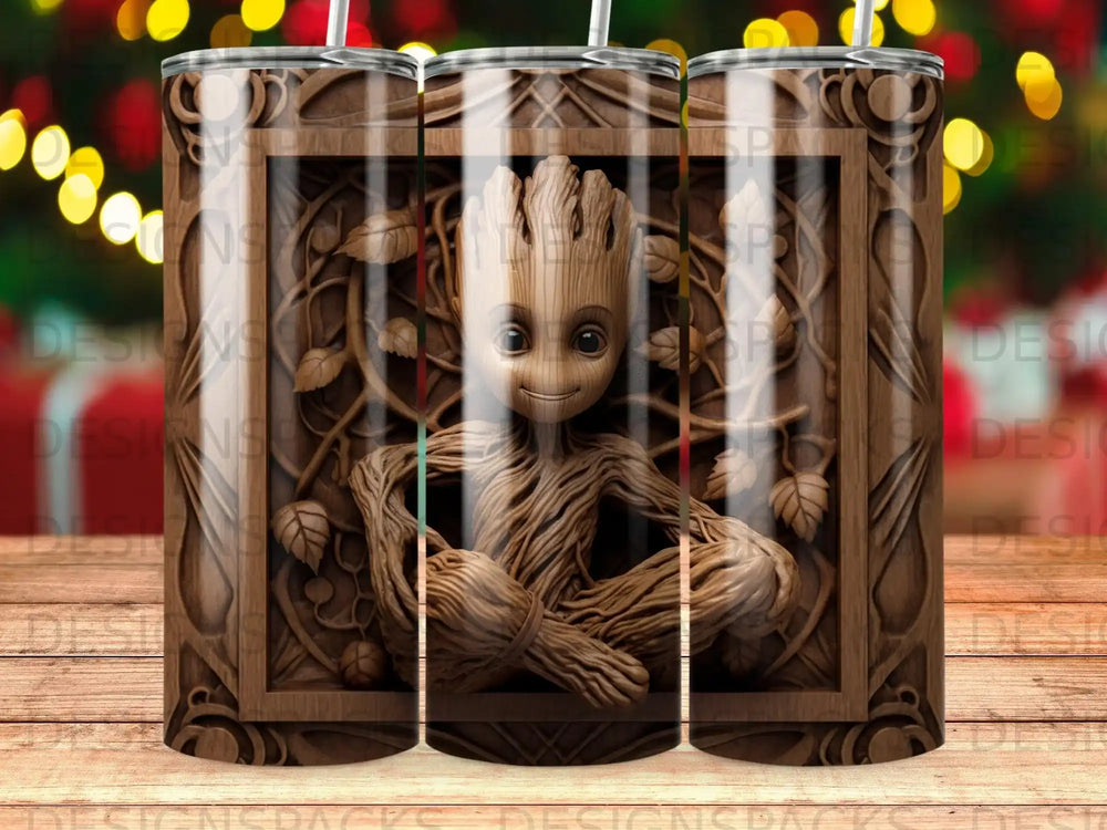 Carved wooden Groot sitting with leaves and vines.