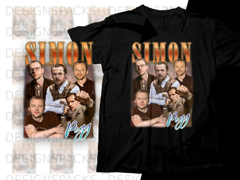 Simon Pegg collage on a black t-shirt.