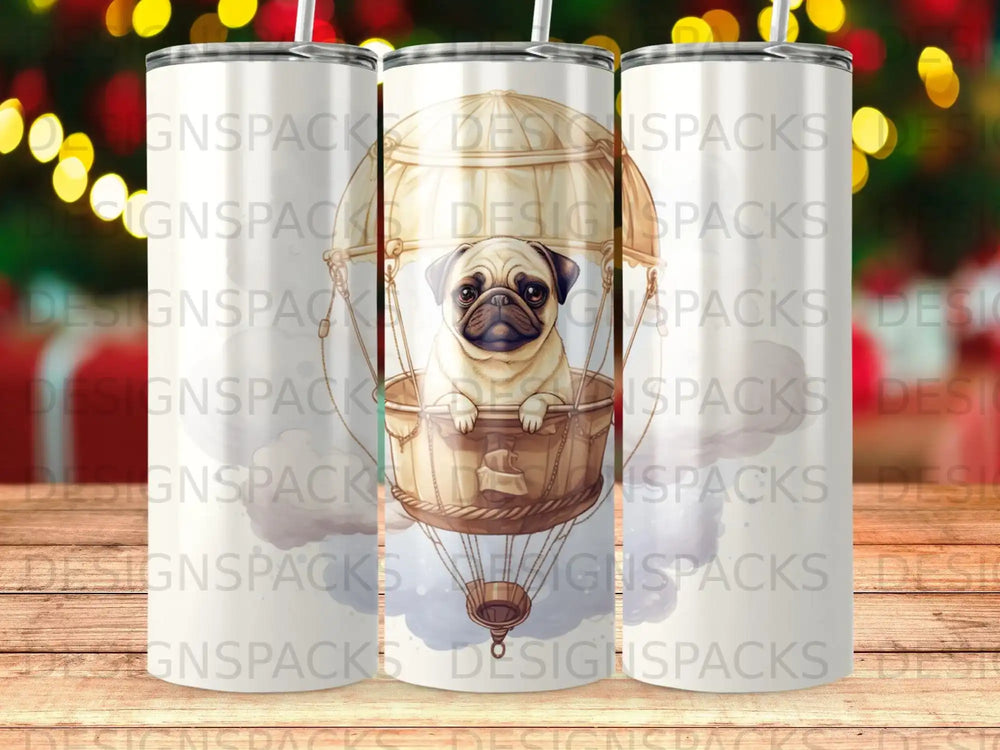 Illustration of a pug in a hot air balloon basket, with repeated text.