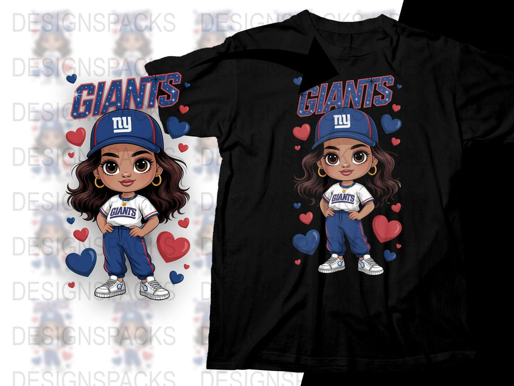 New York Giants Fan T-Shirt, Cute Girl Cartoon Character, Blue Red Hearts Design, Football Season Apparel