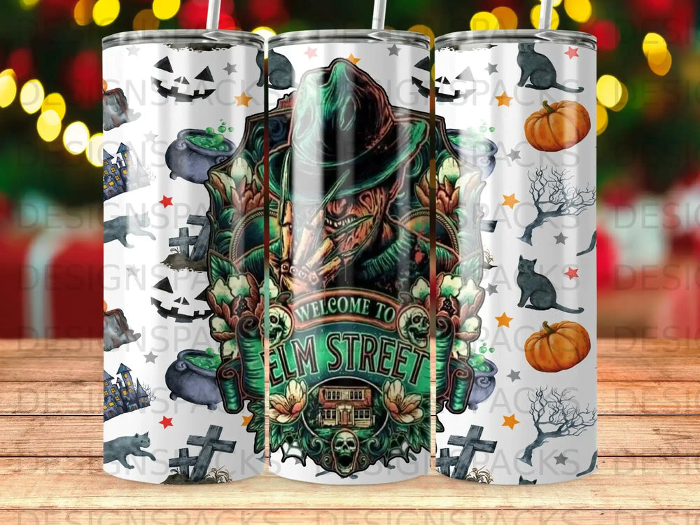 Welcome to Elm Street tumbler with Freddy Krueger, pumpkins, and spooky graphics.