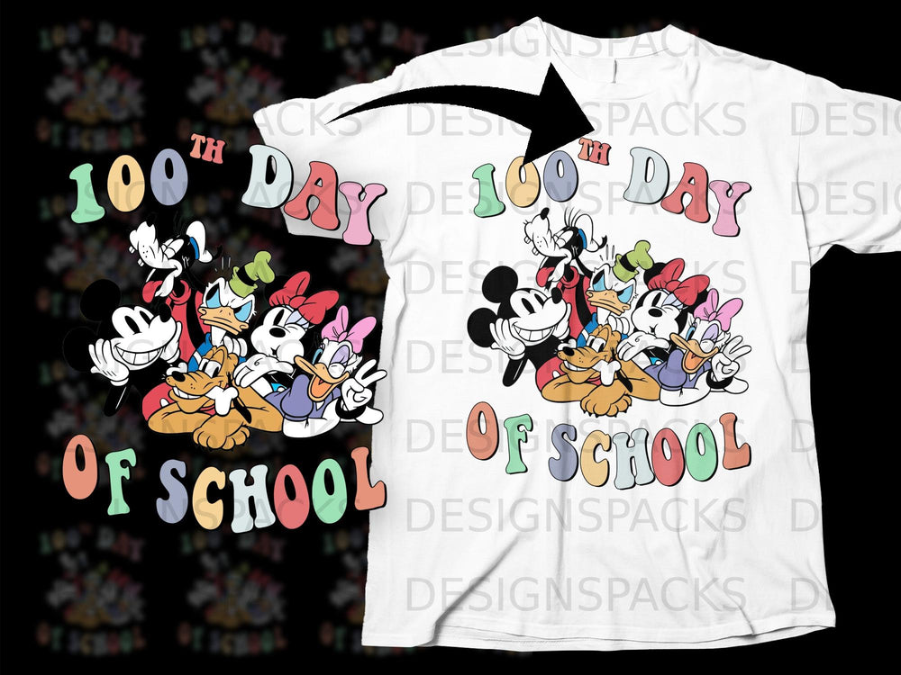 Disney characters celebrate "100th Day Of School" with colorful text.