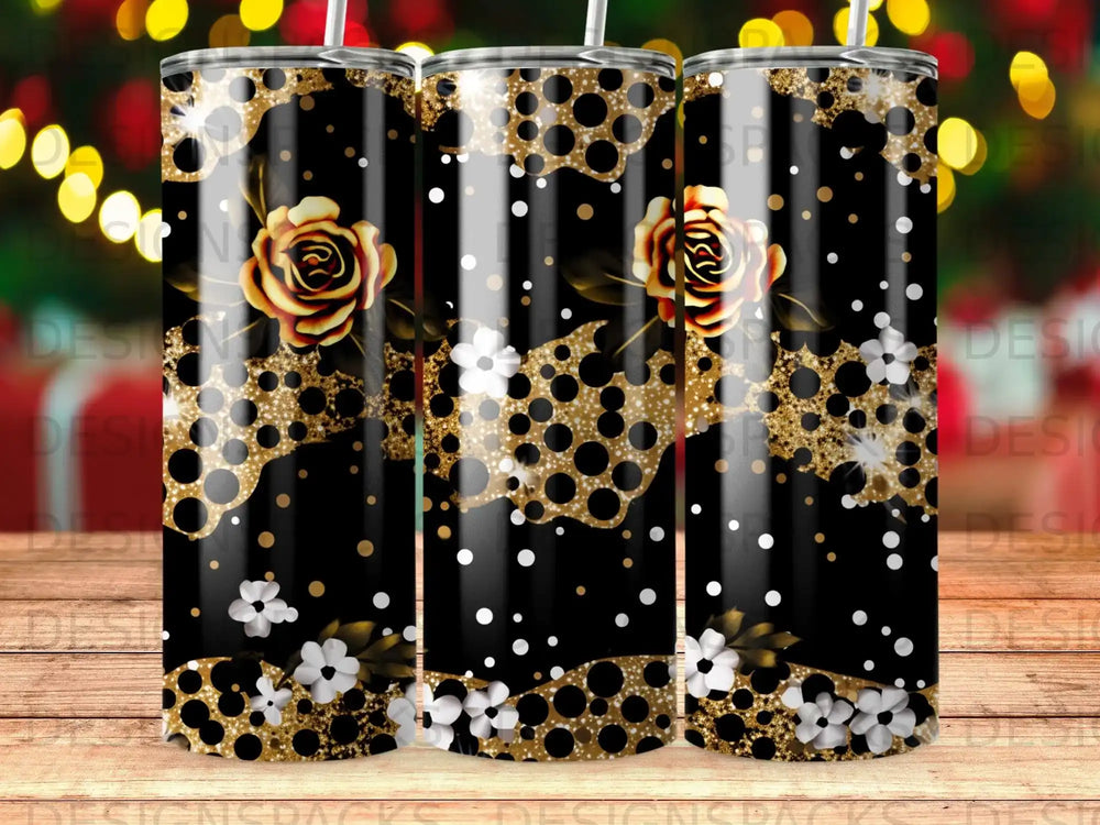 Black tumbler with gold roses and white flowers, polka dots, and leopard print.