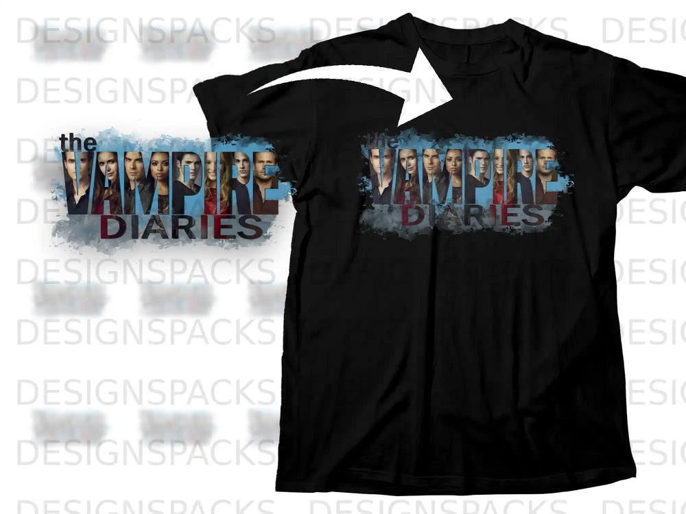 Black t-shirt with "The Vampire Diaries" cast montage design.