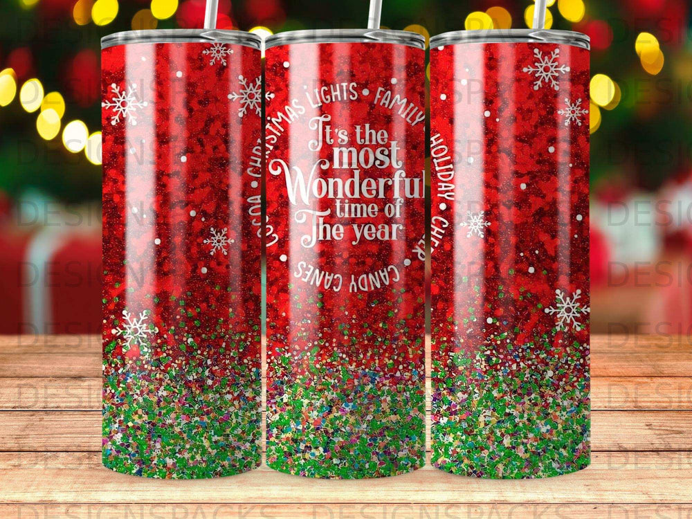 Glittery tumbler with red snowflake pattern and "It's the most wonderful time of the year" text.