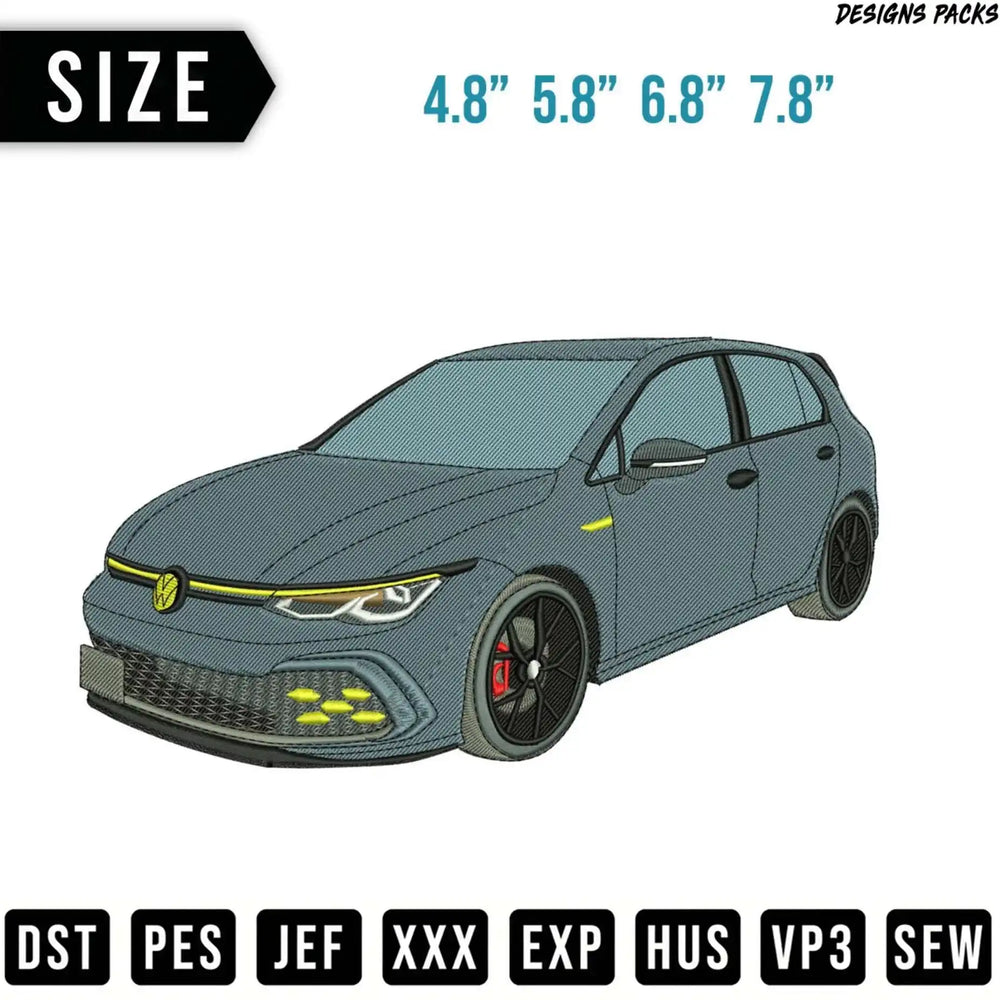 Gray hatchback car with size options and embroidery file formats.