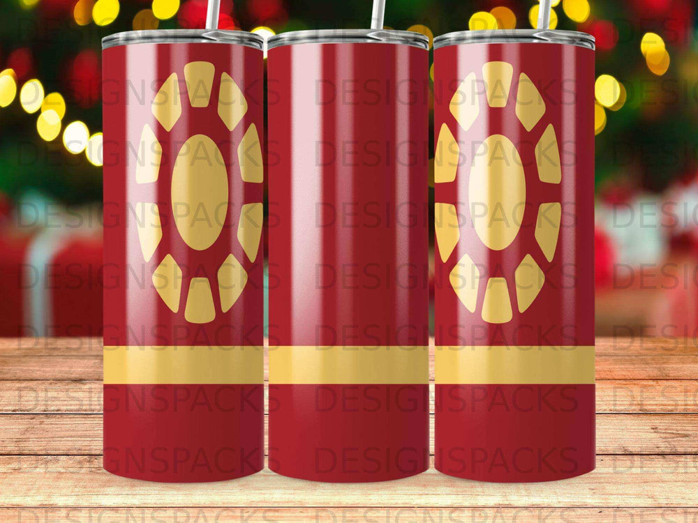 Two red tumblers with repeating yellow and white pattern.