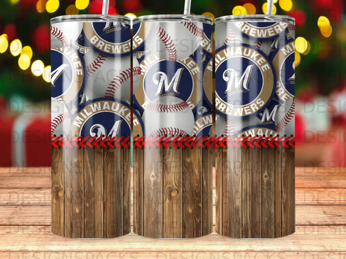 Milwaukee Brewers logo on wooden texture tumbler with festive lights.