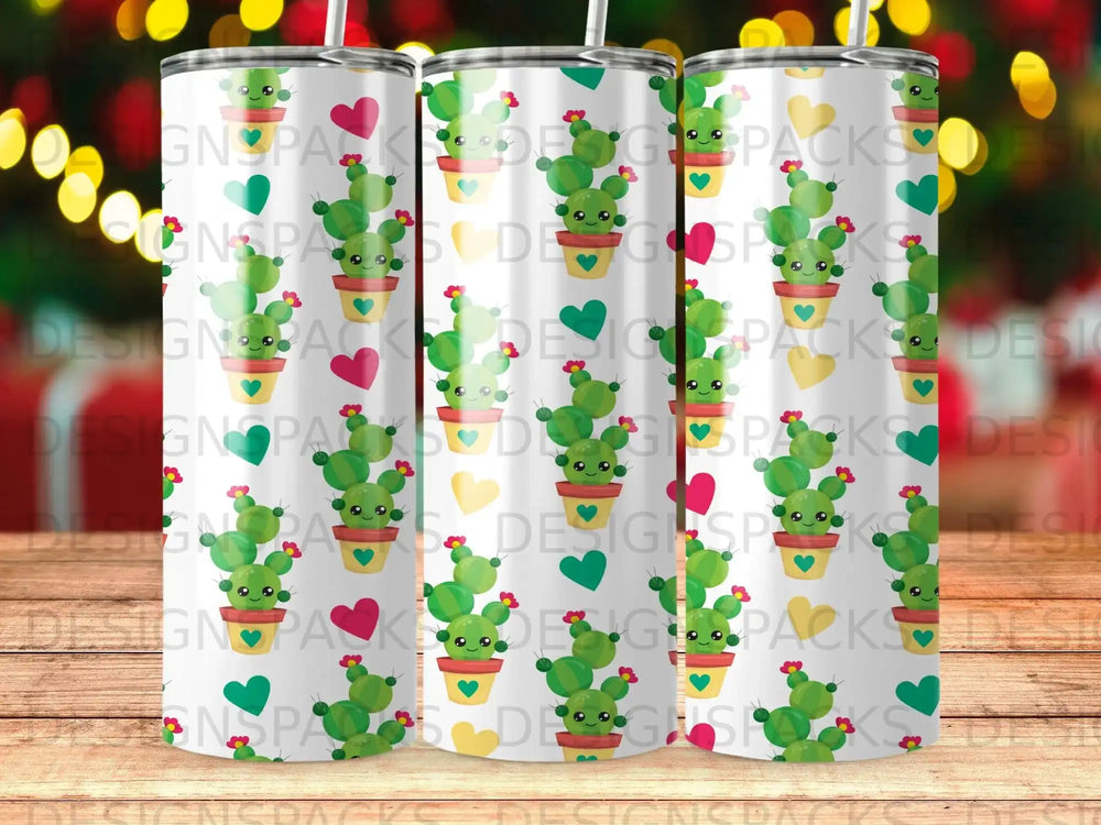 Three tumblers with cartoon cacti in pots, hearts, and green patterns.