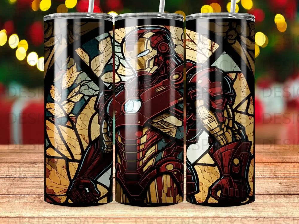 Iron Man stained glass design on a tumbler with bokeh background.