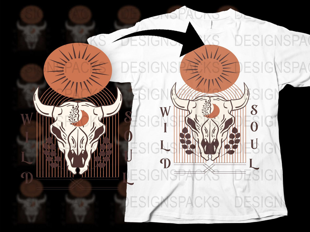 Men's Graphic T-Shirt, Buffalo Skull Print, Tribal Design Tee, White Casual Shirt, Artistic Top, Unique Bohemian Clothing