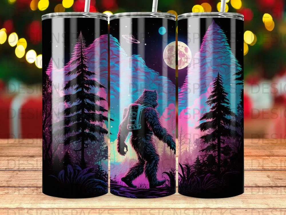Bigfoot walking through a neon forest under a full moon.