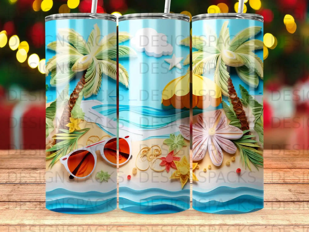 Tropical beach scene with palm trees, ocean, and sunglasses on tumbler.