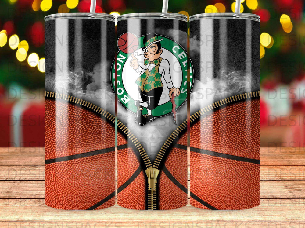 Boston Celtics logo on a zippered basketball design tumbler.