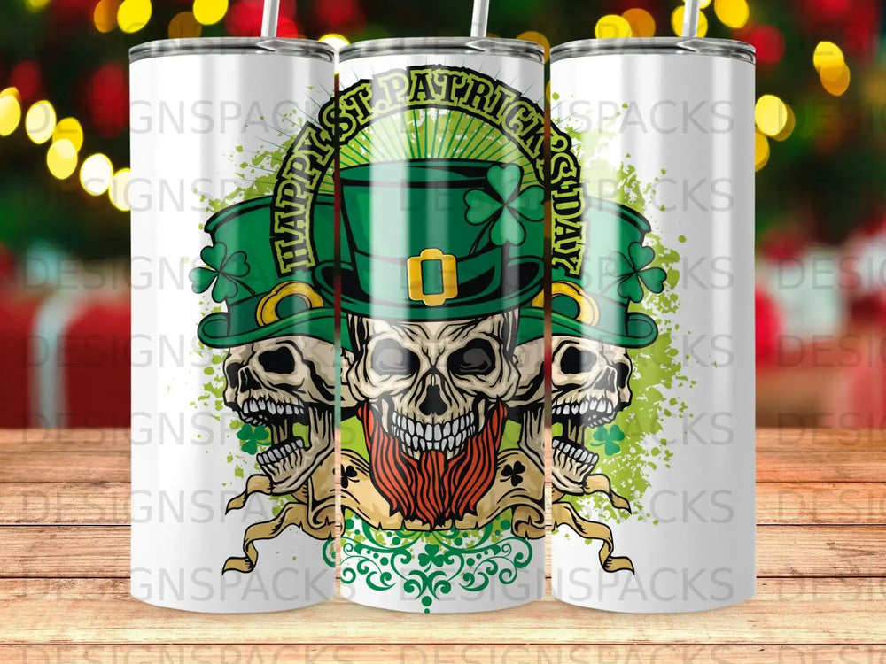 Three skulls wearing green St. Patrick's Day hats with shamrocks and beard.