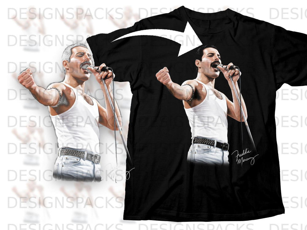 Black t-shirt with a graphic of Freddie Mercury singing, holding a microphone.