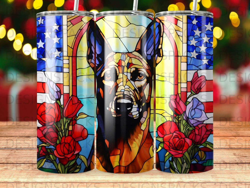 German Shepherd portrait with stained glass American flag and roses.