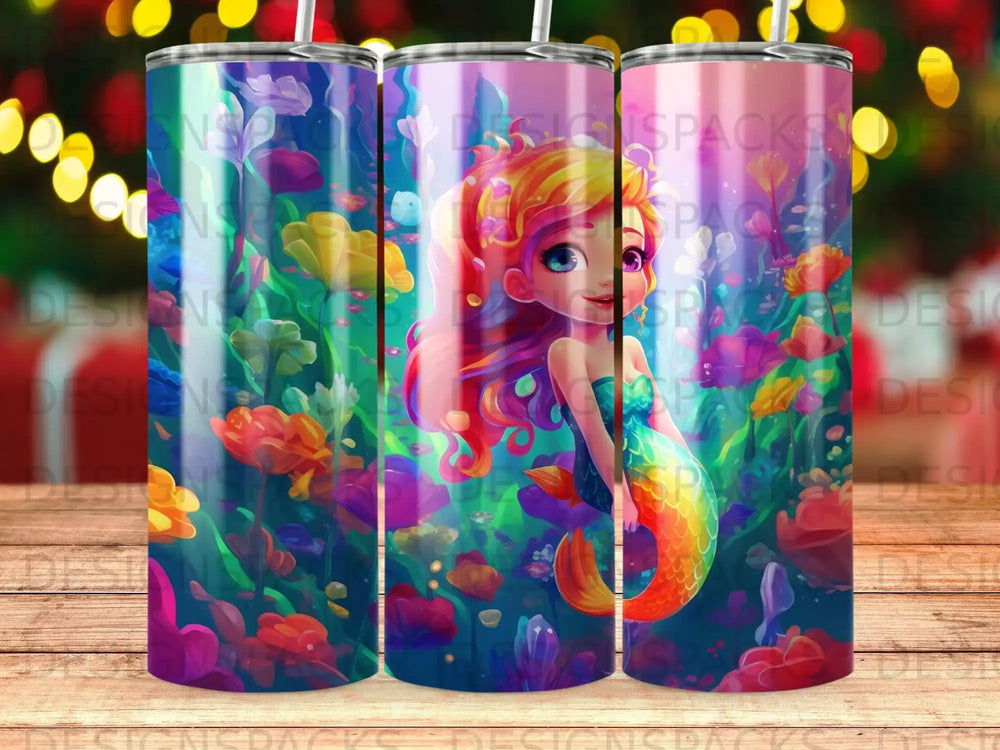 Mermaid with rainbow tail swimming amongst colorful coral and flowers.