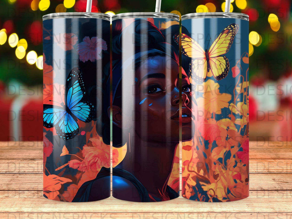 Tattooed woman with colorful butterflies and flowers.