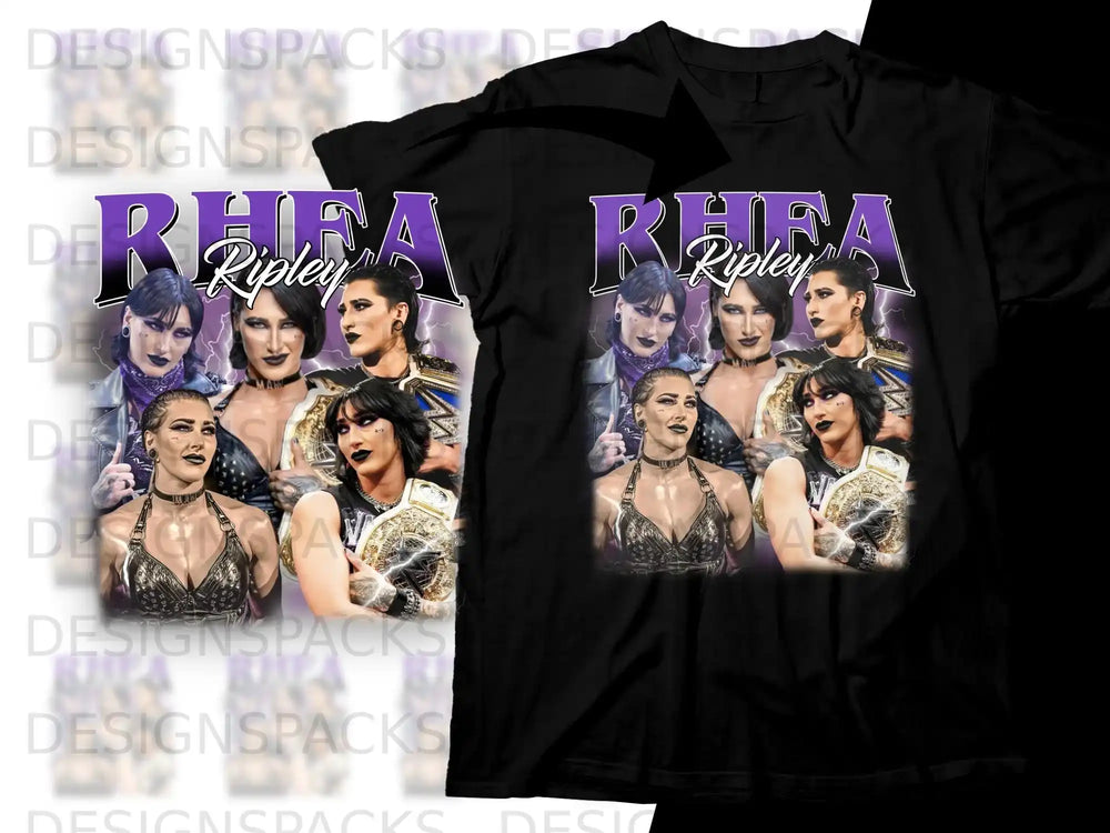 Rhea Ripley collage on a black t-shirt with "Rhea Ripley" text.