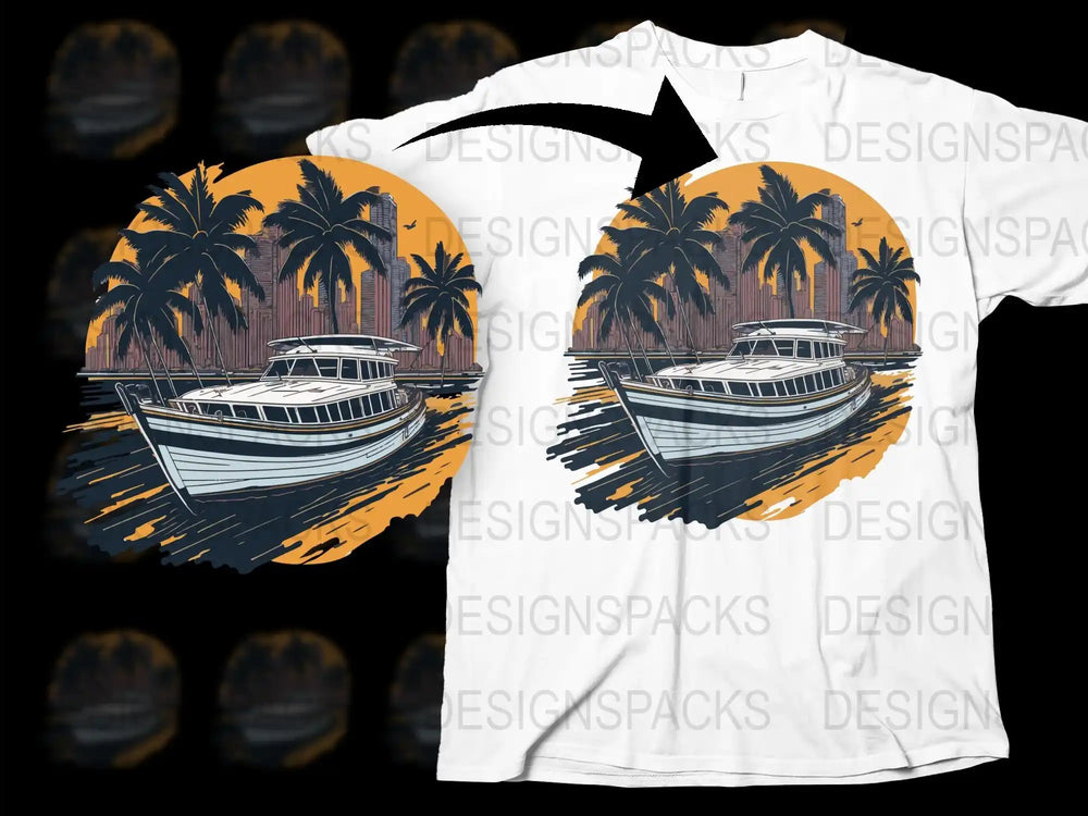 Tropical Boat T-Shirt, Vintage Yacht Graphic Tee, Palm Trees Sunset Design, Summer Beach Casual Wear