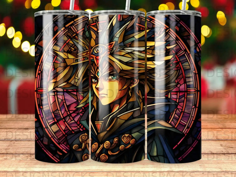 Anime character with stained glass background and gold accents on a tumbler.