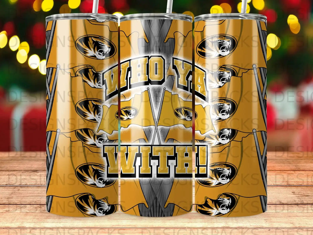 Tumbler with "WHOA WITH!" text and tiger logo on gold flags.