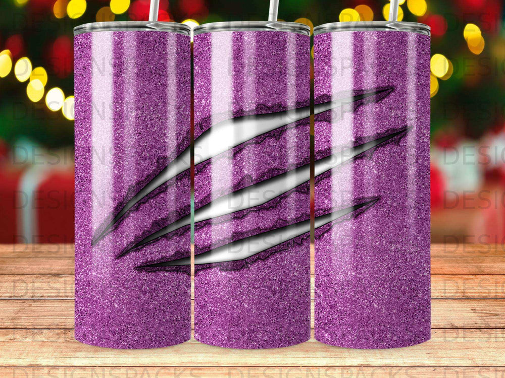 Purple glitter tumbler with claw marks graphic.