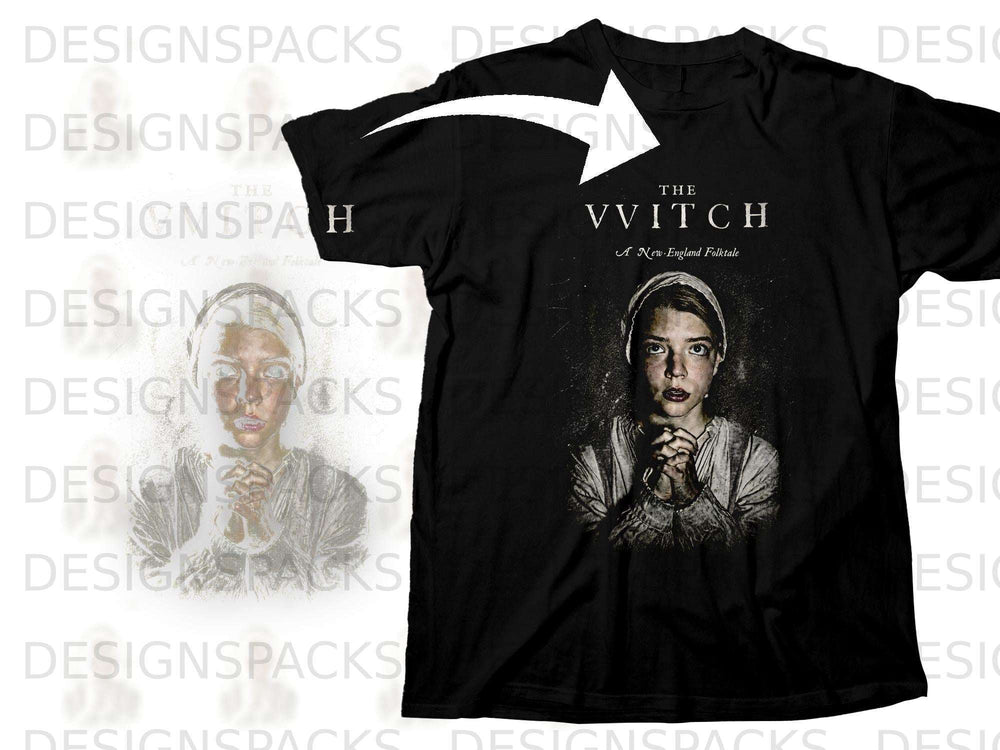 Black t-shirt with "The VVitch A New England Folktale" and praying woman artwork.