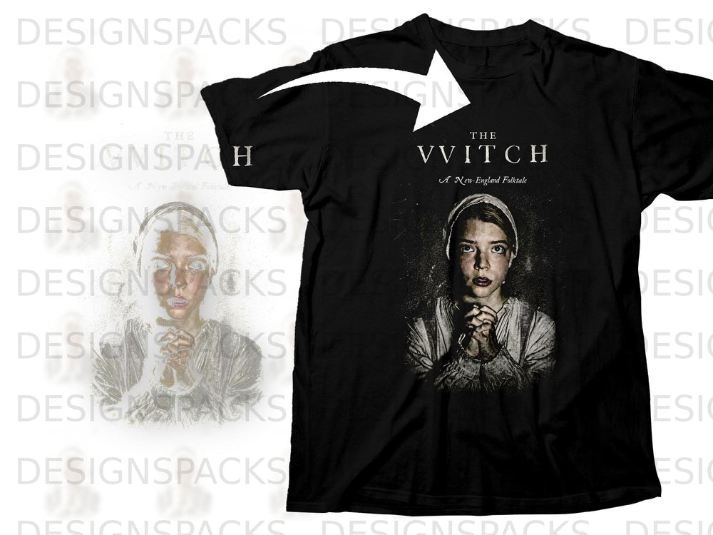 Black t-shirt with "The VVitch A New England Folktale" and praying woman artwork.
