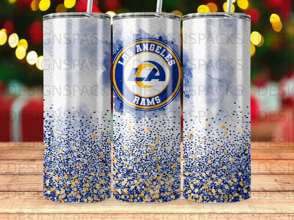 Los Angeles Rams logo on a glitter tumbler with festive lights background.