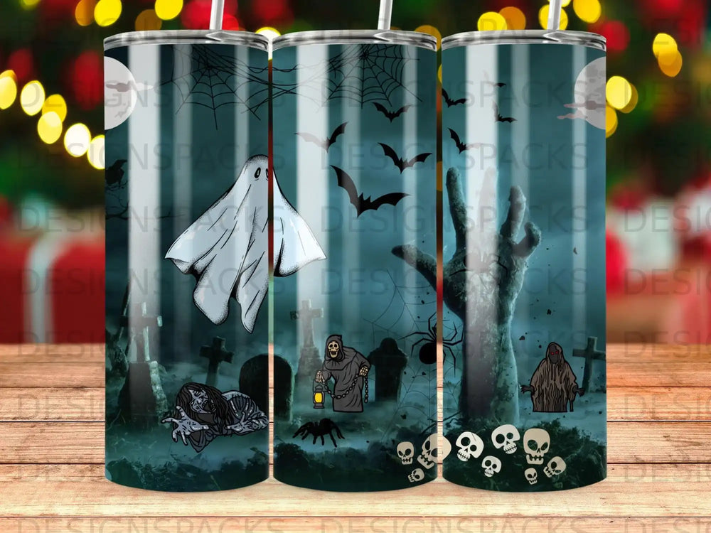 Halloween-themed tumbler with ghosts, skeletons, spiders, and spooky graveyard elements.