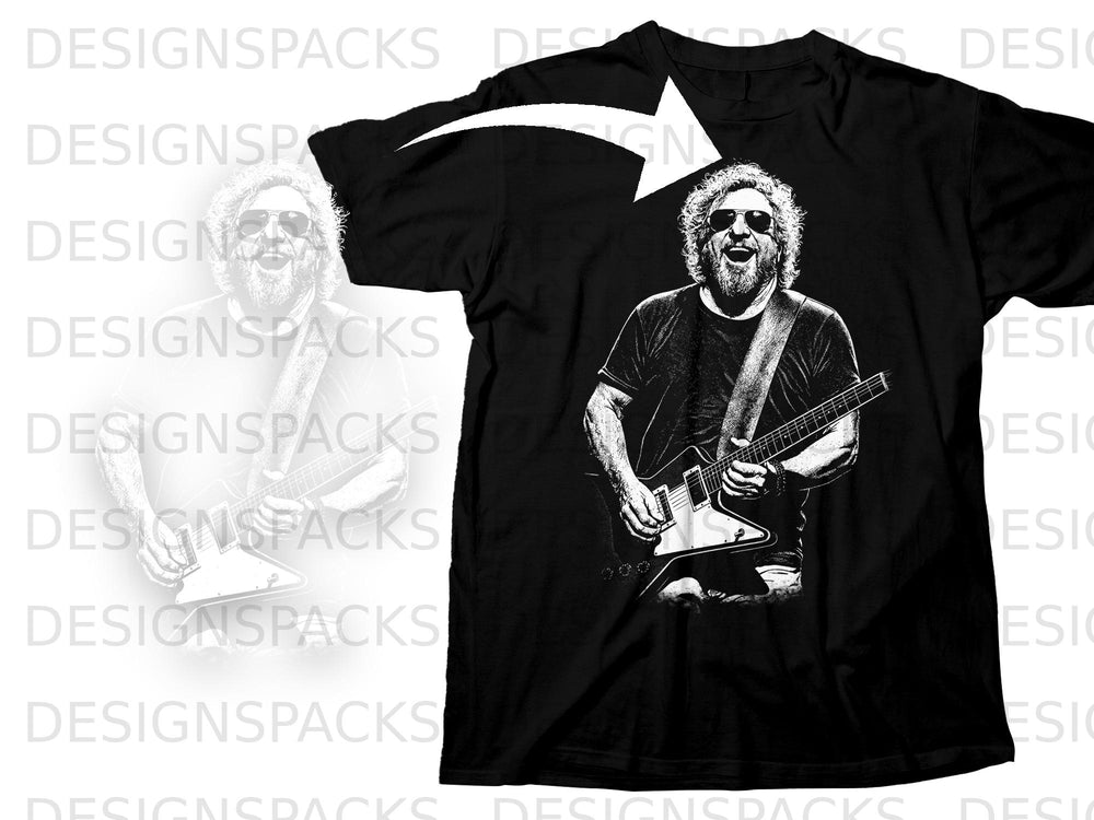 Black t-shirt with a stylized black and white illustration of a bearded man playing a guitar.