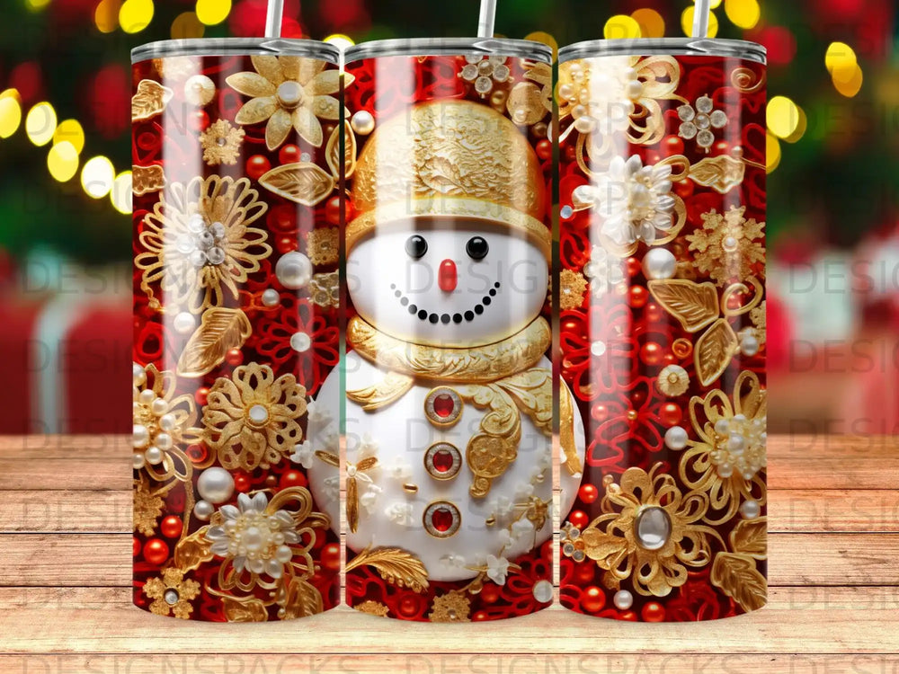 Snowman tumbler with gold and red floral embellishments.
